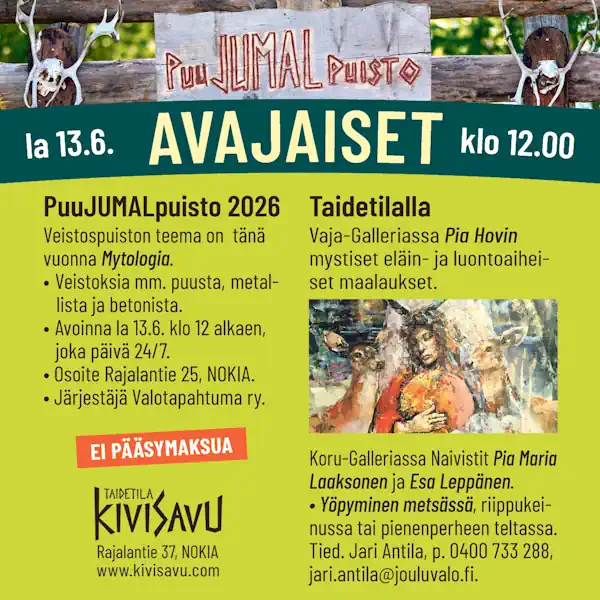 PuuJUMALpuisto 2026 – avajaiset Taidetila Kivisavussa la 13.6.2026 klo 12.00.