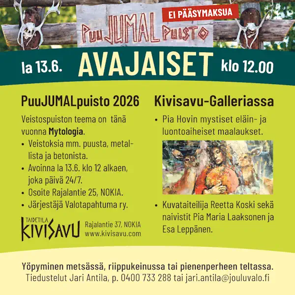 PuuJUMALpuisto 2026 – avajaiset Taidetila Kivisavussa la 13.6.2026 klo 12.00.