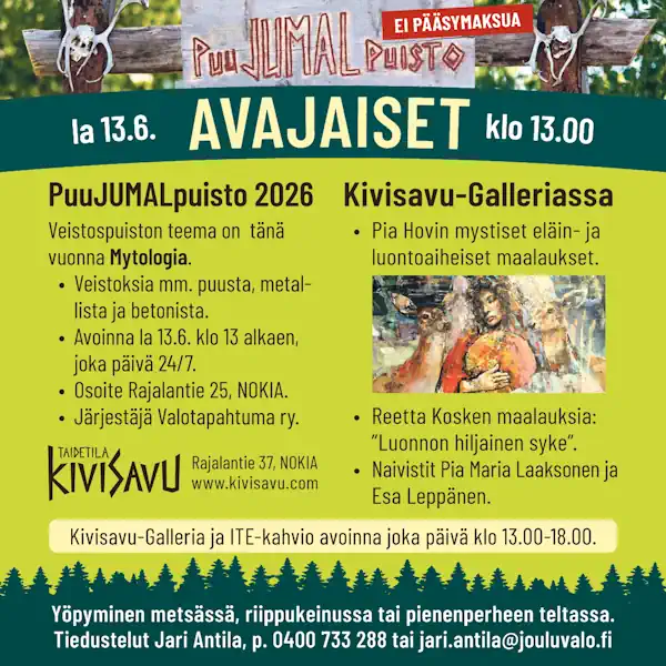 PuuJUMALpuisto 2026 – avajaiset Taidetila Kivisavussa la 13.6.2026 klo 13.00.