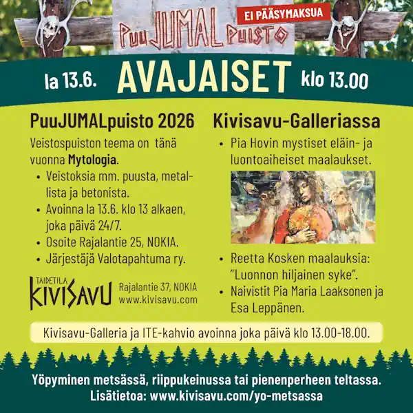 PuuJUMALpuisto 2026 – avajaiset Taidetila Kivisavussa la 13.6.2026 klo 13.00.